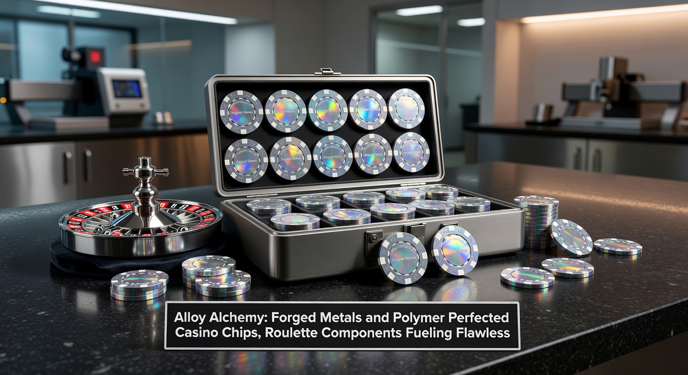 Array of polymer-perfected casino chips in vibrant denominations next to disassembled roulette wheel parts, highlighting forged metal cores and smooth polymer surfaces