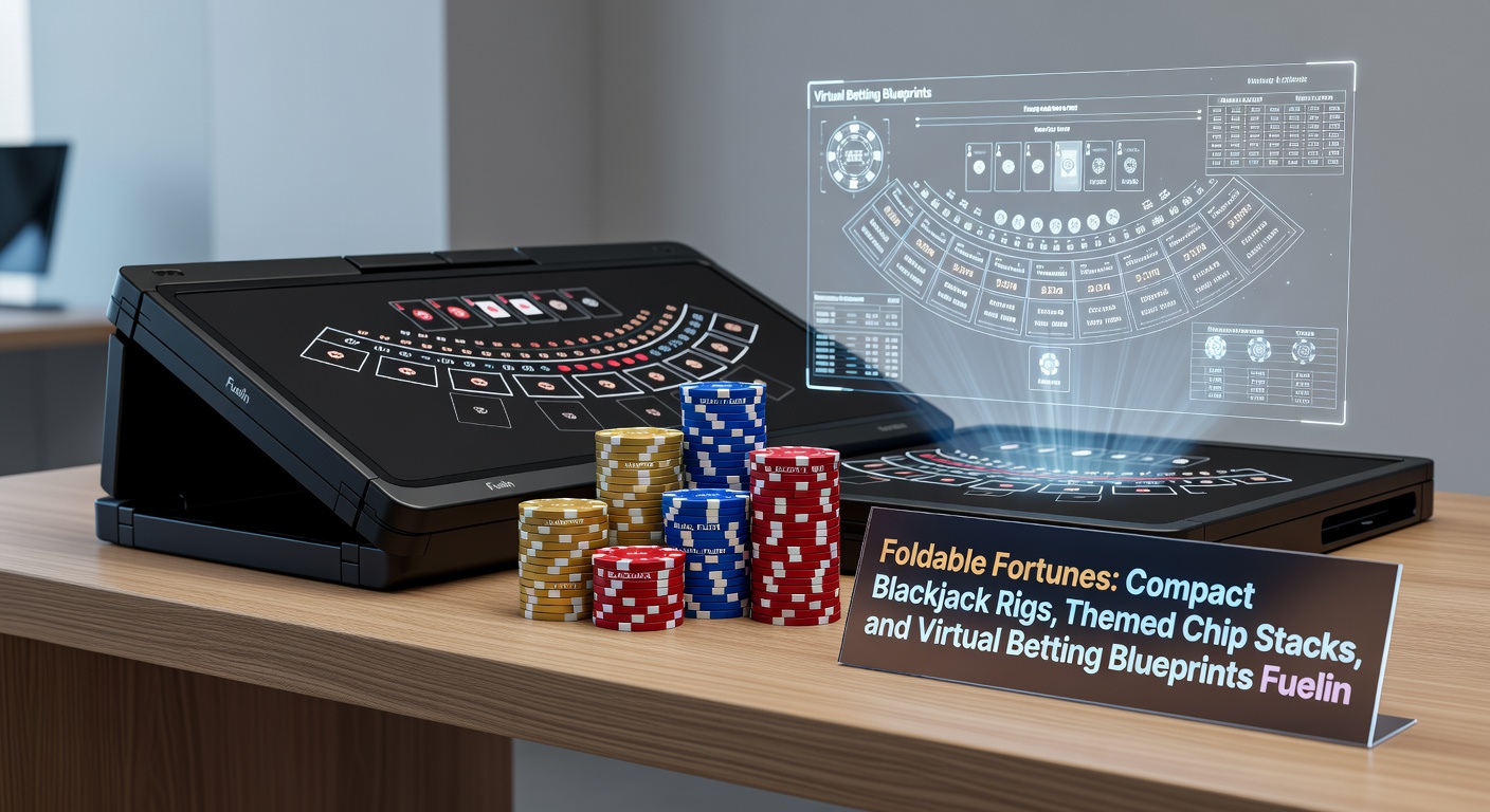 Vibrant themed poker chip stacks in tropical and neon designs arranged on a foldable blackjack table during a backyard night game, with virtual app screens glowing nearby