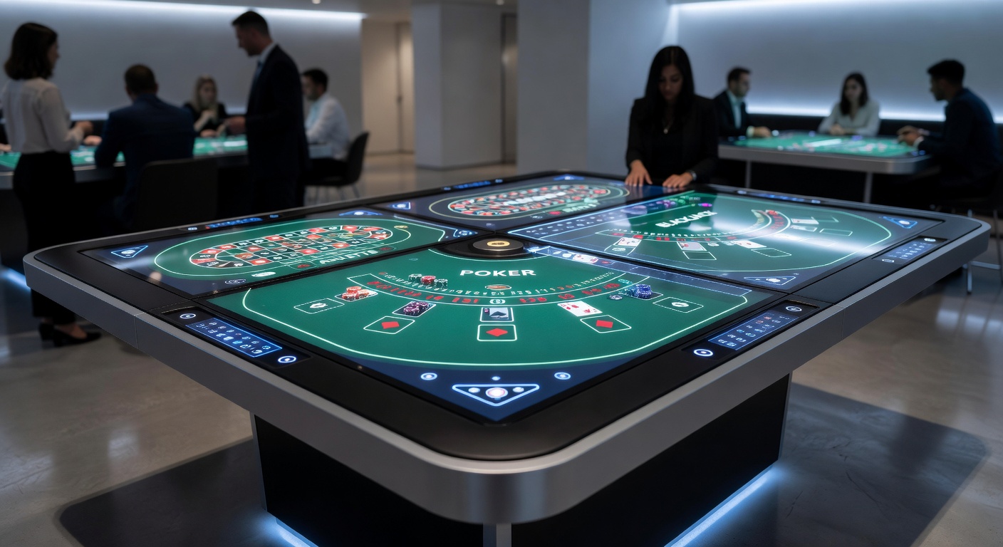 Group of friends around a home multi-game table mid-switch from blackjack to roulette, with layered overlays partially removed