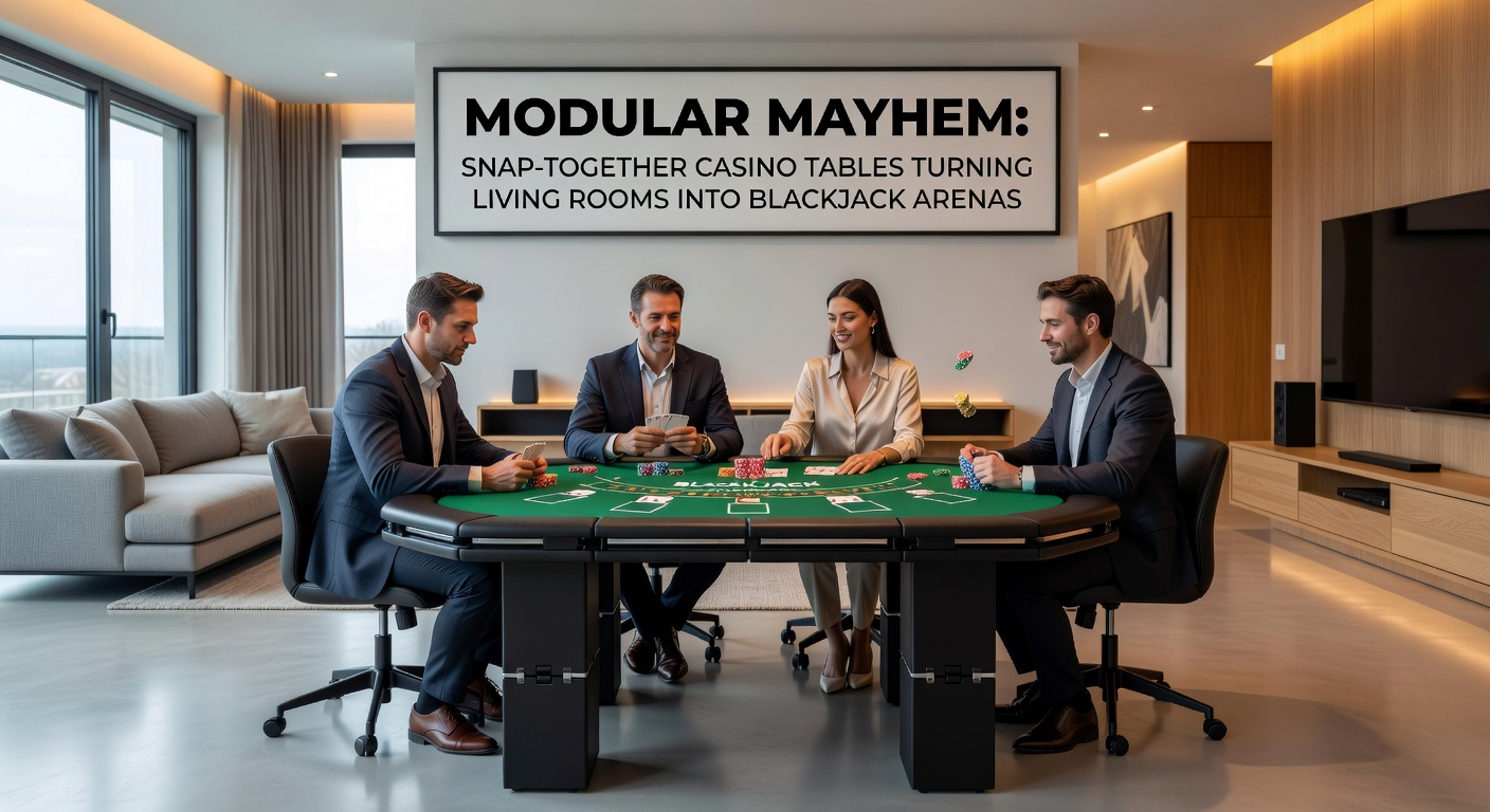 Close-up of a snap-together blackjack table in action, with players around it in a cozy living room