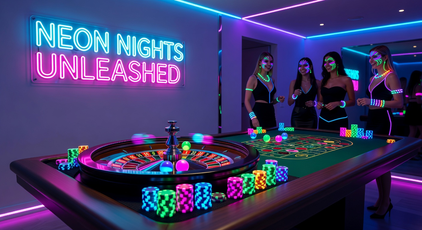 Glowing roulette ball spinning on a neon-lit wheel amid fluorescent chips and blacklight effects in a home party setup