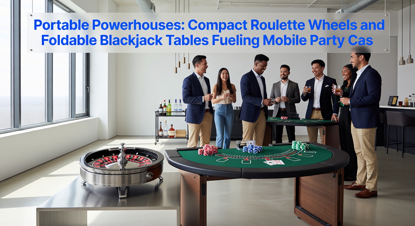Foldable blackjack table unfolded at an indoor corporate party, players gathered around with chips and cards in motion
