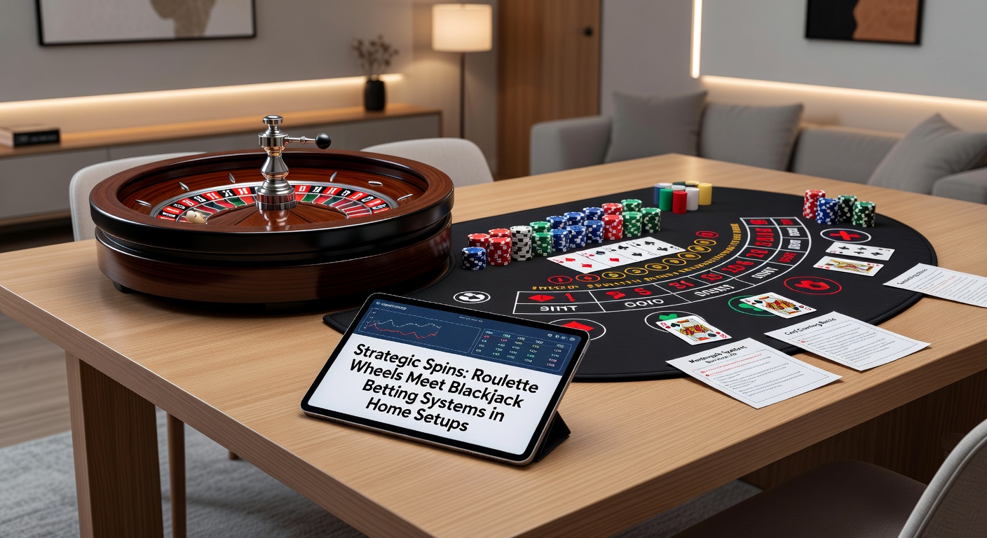 Close-up of blackjack betting progression applied to roulette even-money section, with chips doubling across red/black zones on a home game table