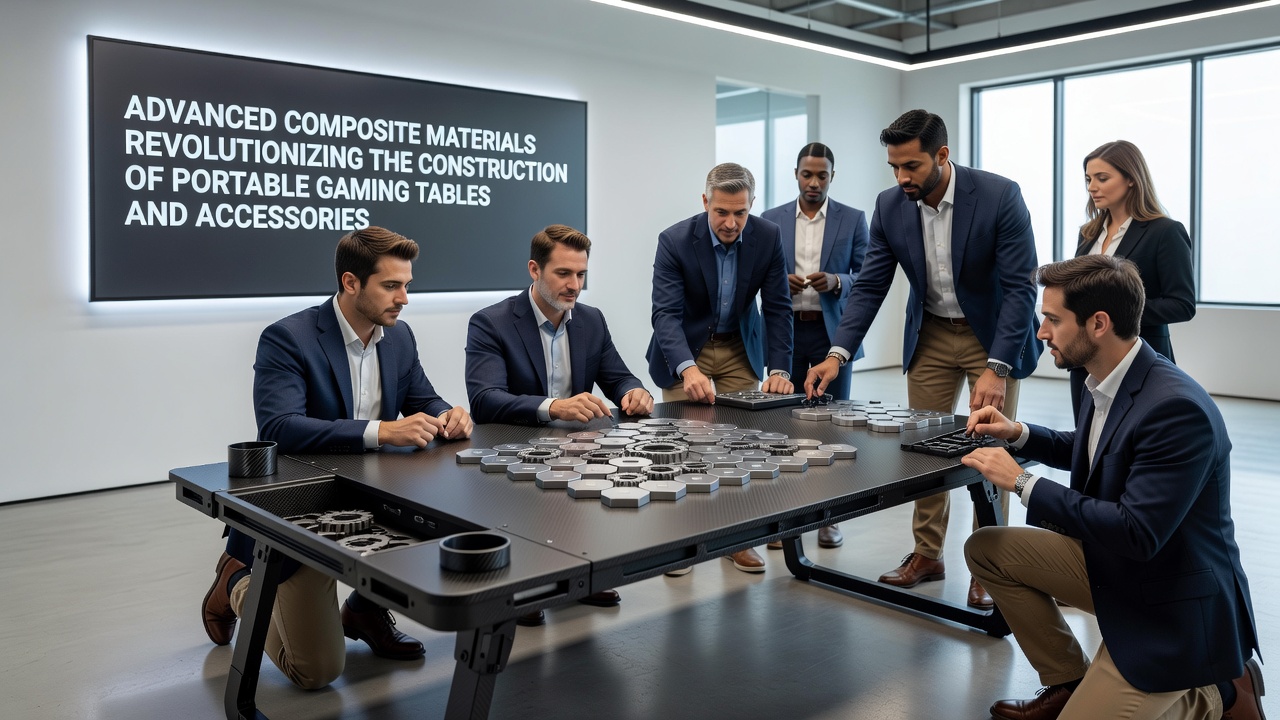 Portable gaming table constructed with advanced composites demonstrating folded configuration and surface durability