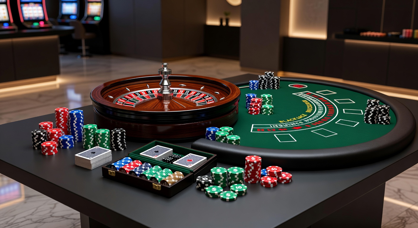 Players around a blackjack table using AR glasses to view overlaid betting strategies and synced online casino bonuses on physical chips and cards