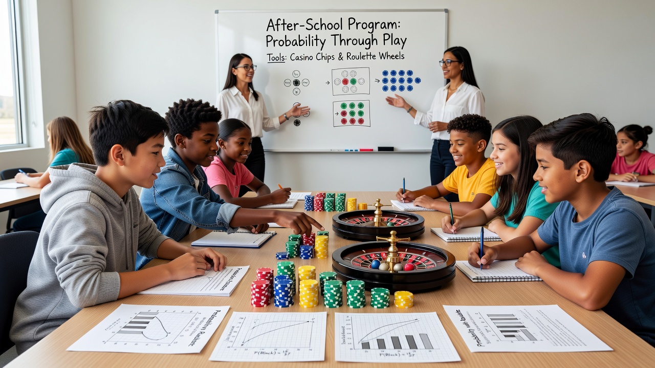 Close-up view of students placing casino chips on a roulette layout while calculating probabilities in an after-school classroom setting