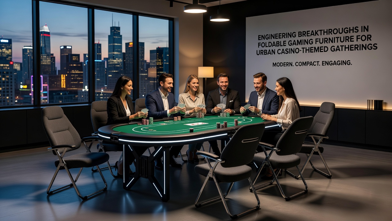 Engineering details of hinge mechanisms and foldable leg systems on compact gaming furniture for city casino parties