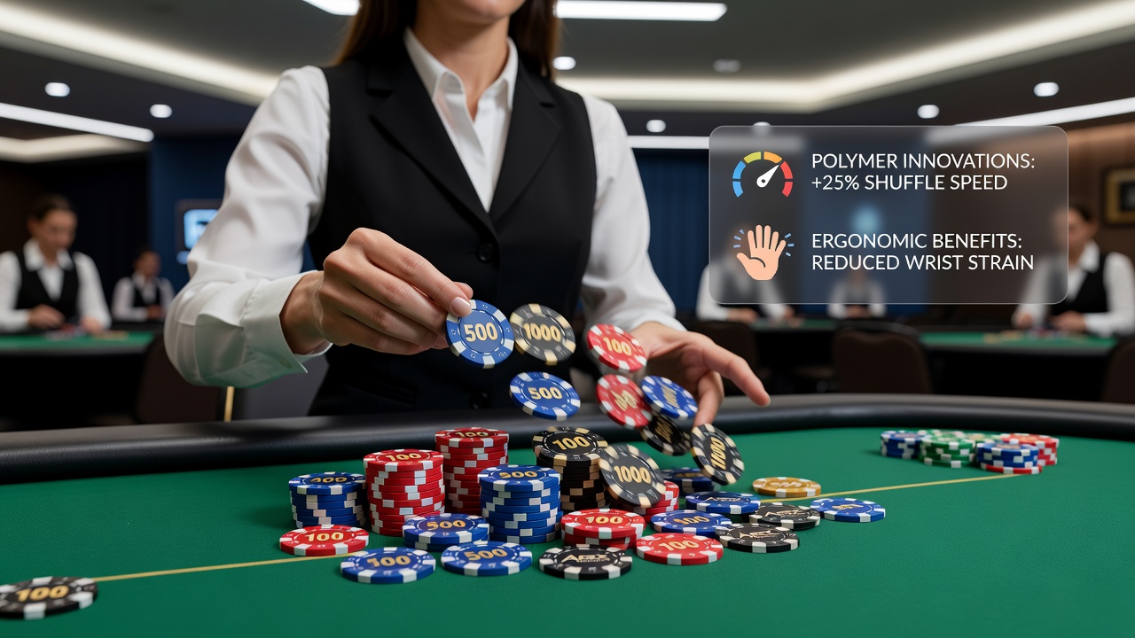 Dealer hands performing a riffle shuffle with polymer casino chips on a felt-covered table