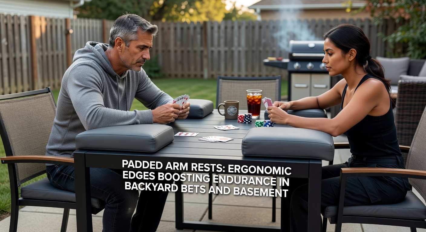 Group of players around a gaming table with padded arm rests, elbows comfortably supported during an intense blackjack tournament in a backyard setting at dusk