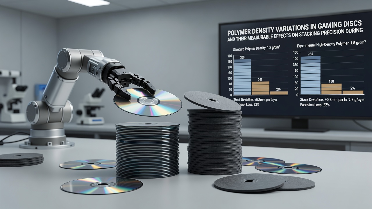 Laboratory setup measuring stack deviation in gaming discs using laser sensors during simulated extended play