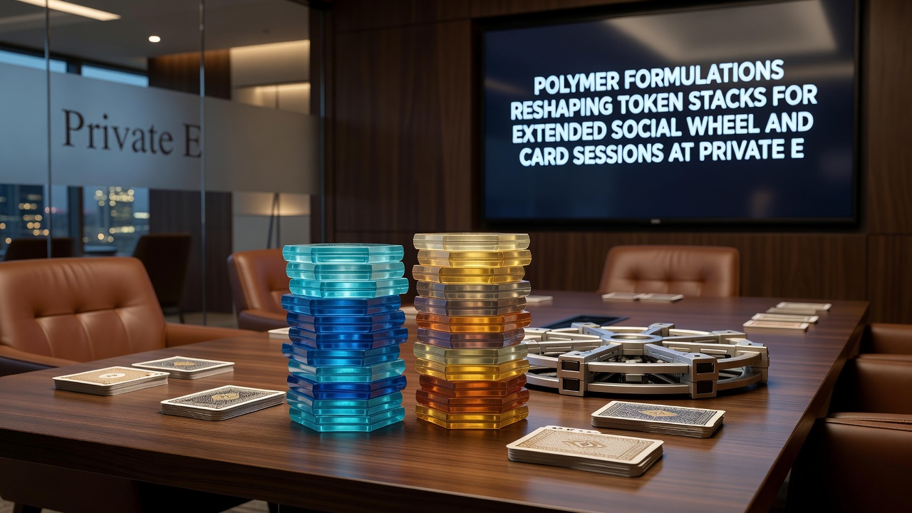 Polymer casino chips in various colors spread across a blackjack table setup with card decks and a compact roulette wheel nearby at an indoor private gathering