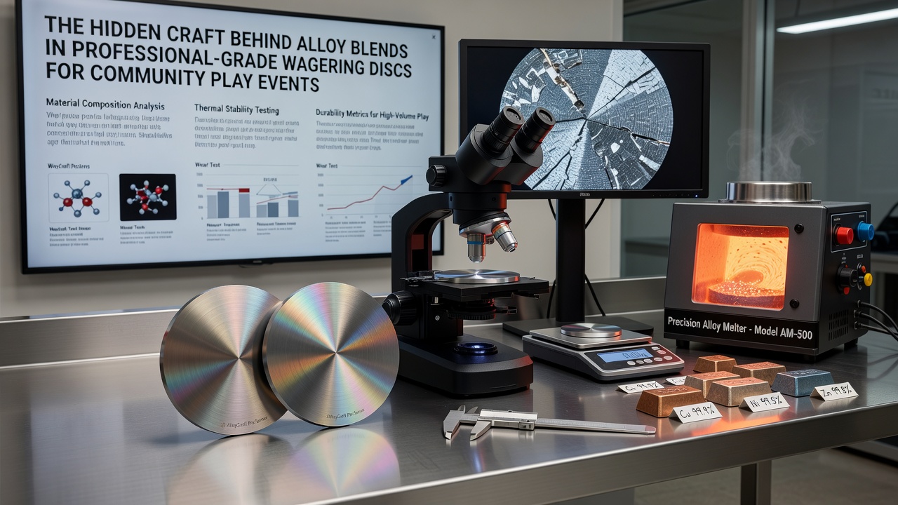 Manufacturing process of alloy wagering discs with molds and quality control equipment in background