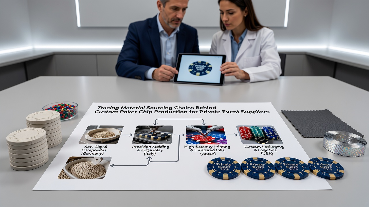 Technicians examining finished custom poker chips under controlled lighting at a production plant